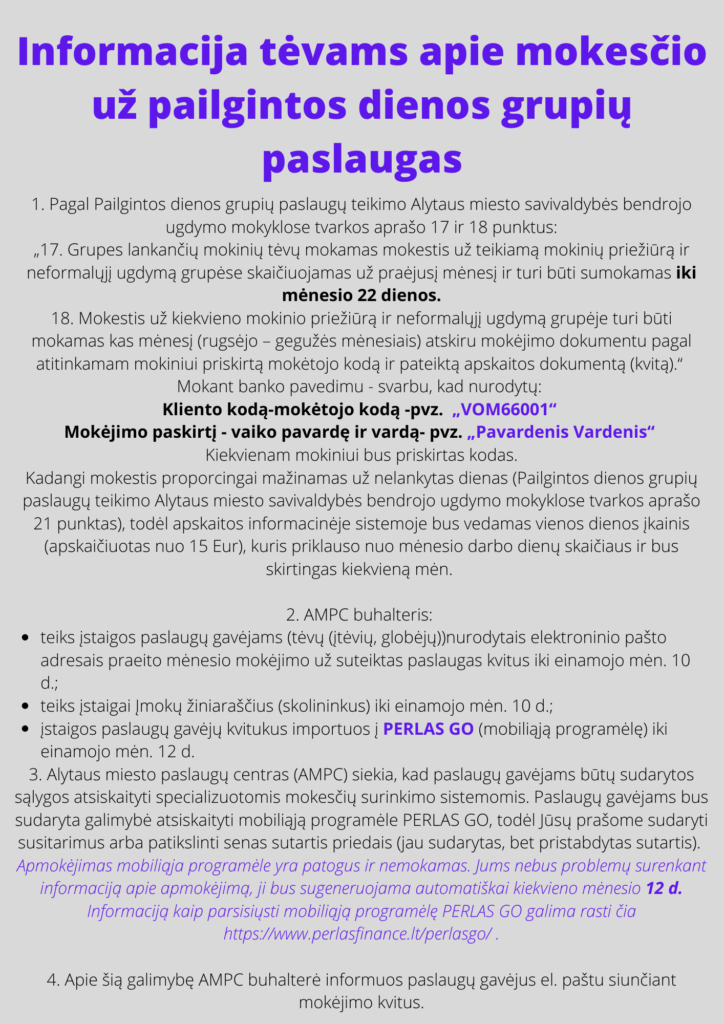 Informacija tėvams apie mokesčio už pailgintos dienos grupių paslaugas